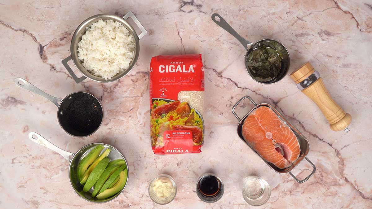 Ingrédients recette Riz Arroz Cigala au saumon et à l'avocat 