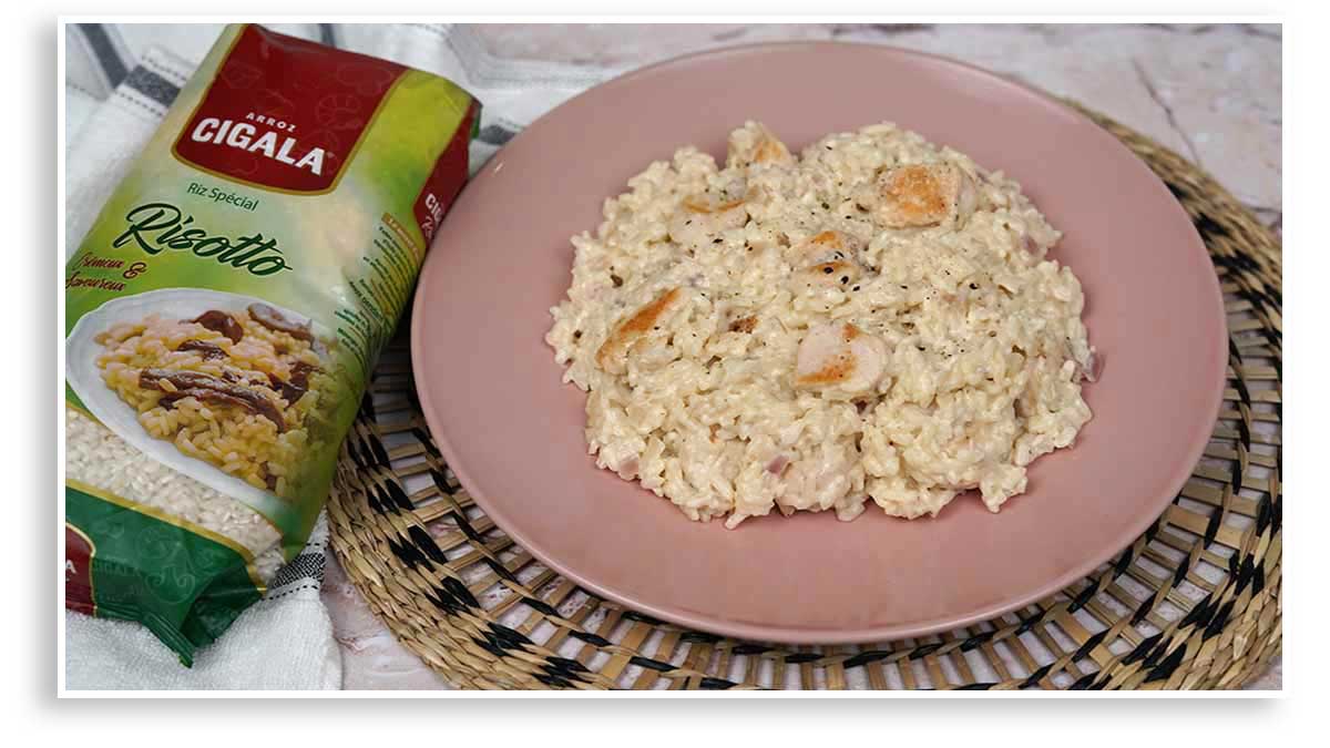 Plat final du risotto au poulet réalisé avec le produit Arroz Cigala spécial risotto